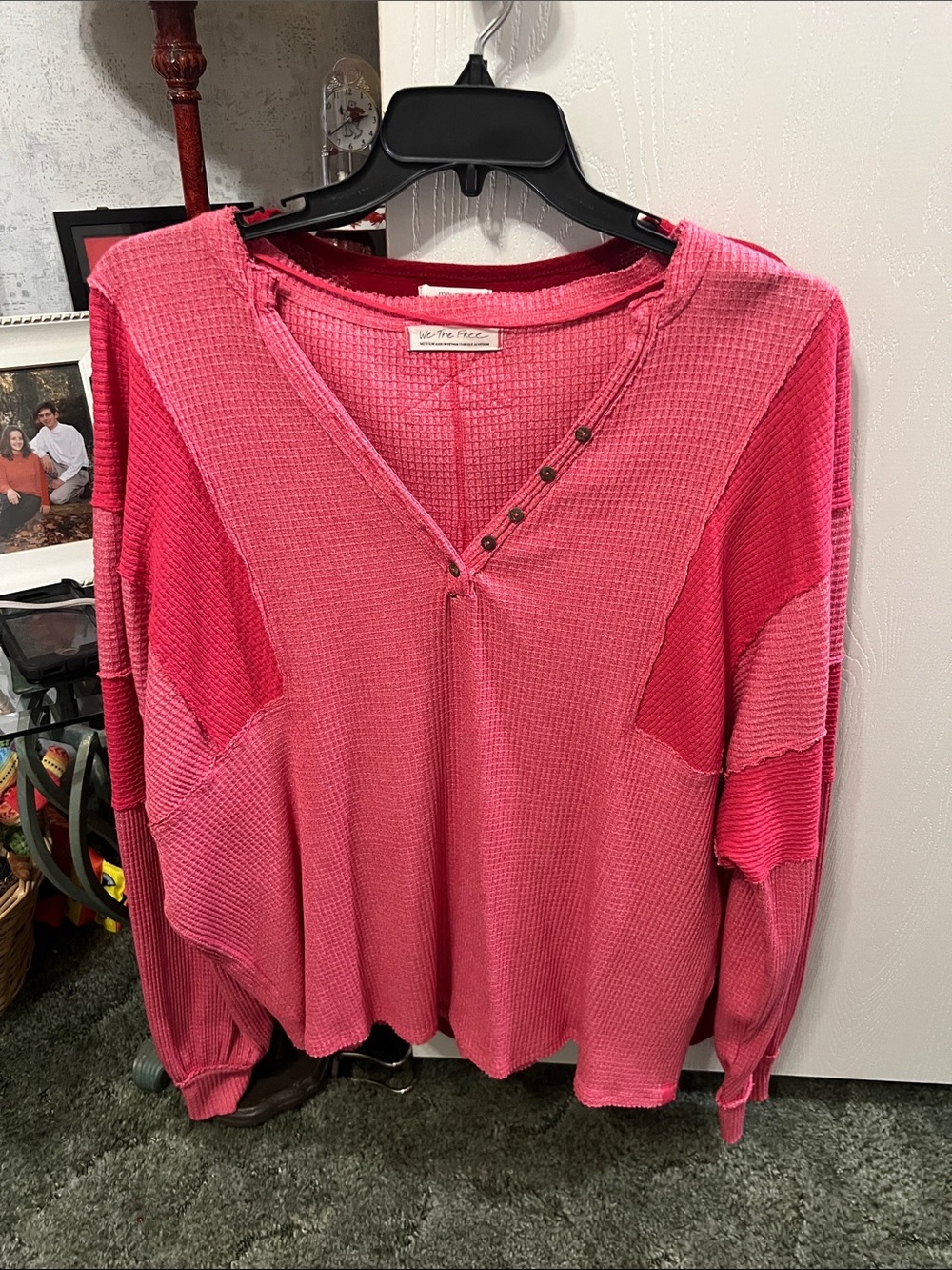 Free People Hot Pink Waffle Henley Long Sleeve Top
